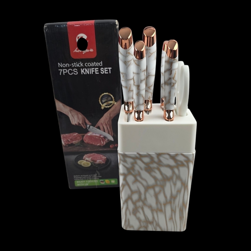 NWT 7-Piece Rose Gold And Marble Looking Knife Set with Holder